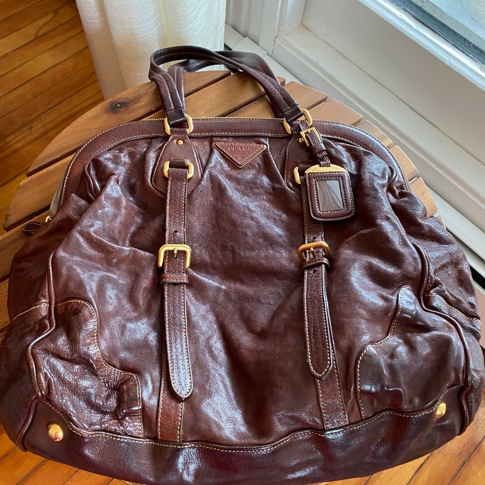 Authentic PRADA madras leather extra large tote with authenticity card